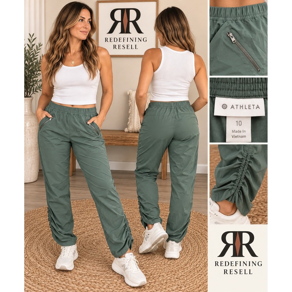 Athleta Trekkie North Jogger Pants Sage Green Ruched Ankle Size 10 Hiking Travel